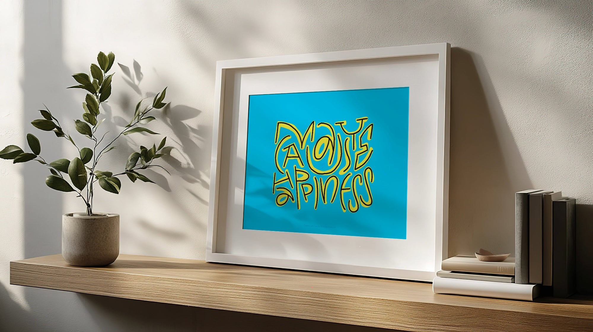 May cause Happiness artprint in the frame on the shelf 