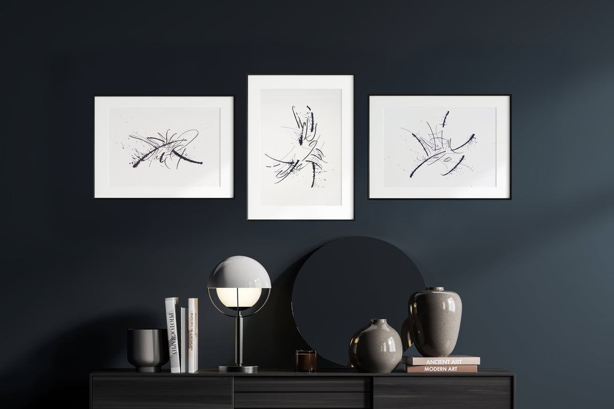 No time for fancy original calligraphy wall art series by Mary Pavlova displayed in a dark interior