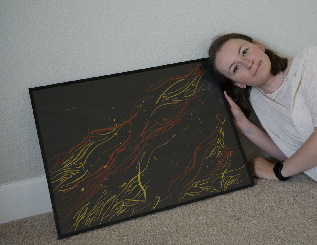 Mary Pavlova with here artwork The flame of frustration