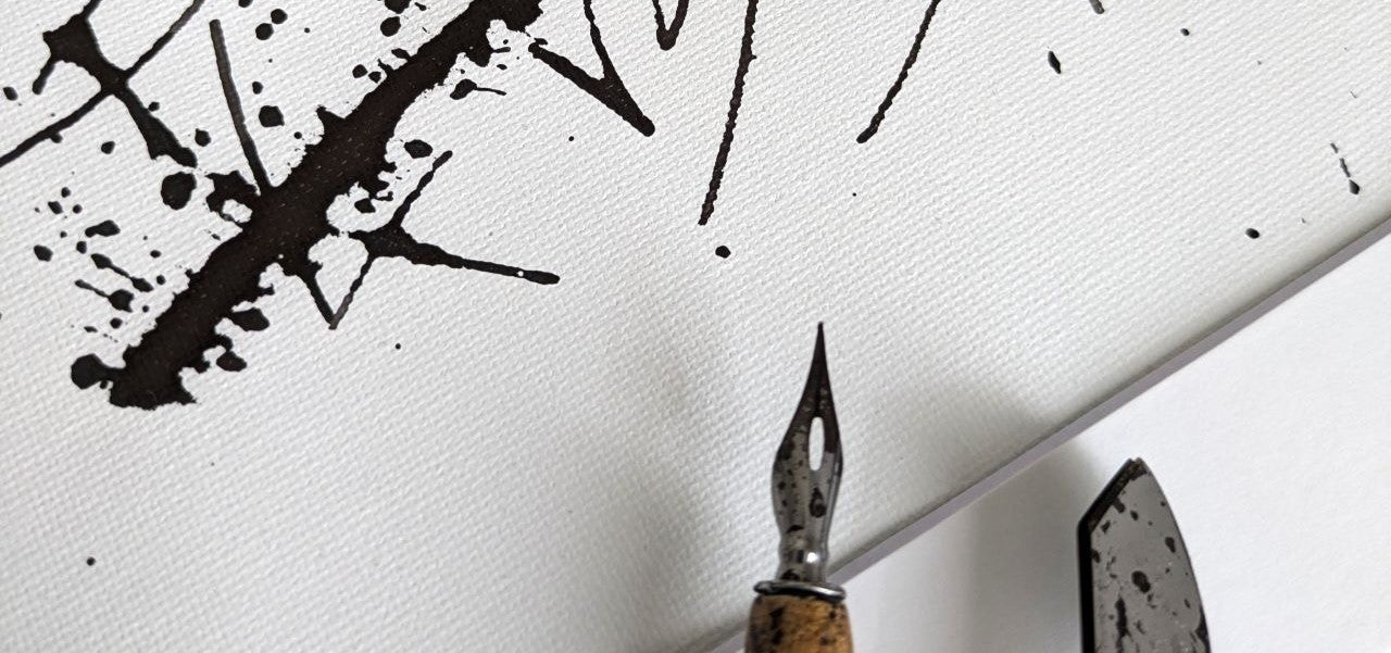 A part of monochrome calligraphy art with tools that were used to create it