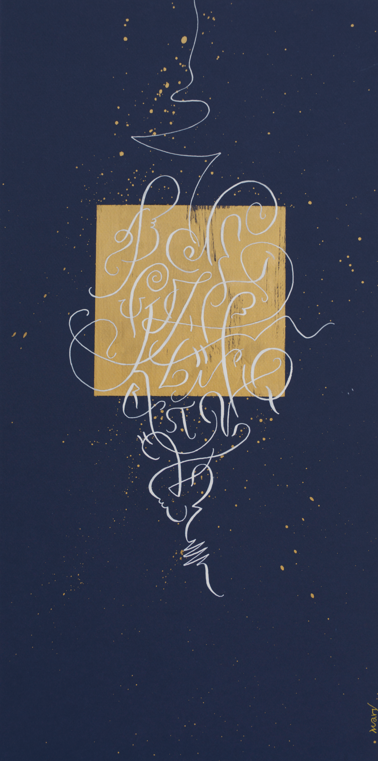 Decorative design with a gold square and swirling white lines on a dark blue background