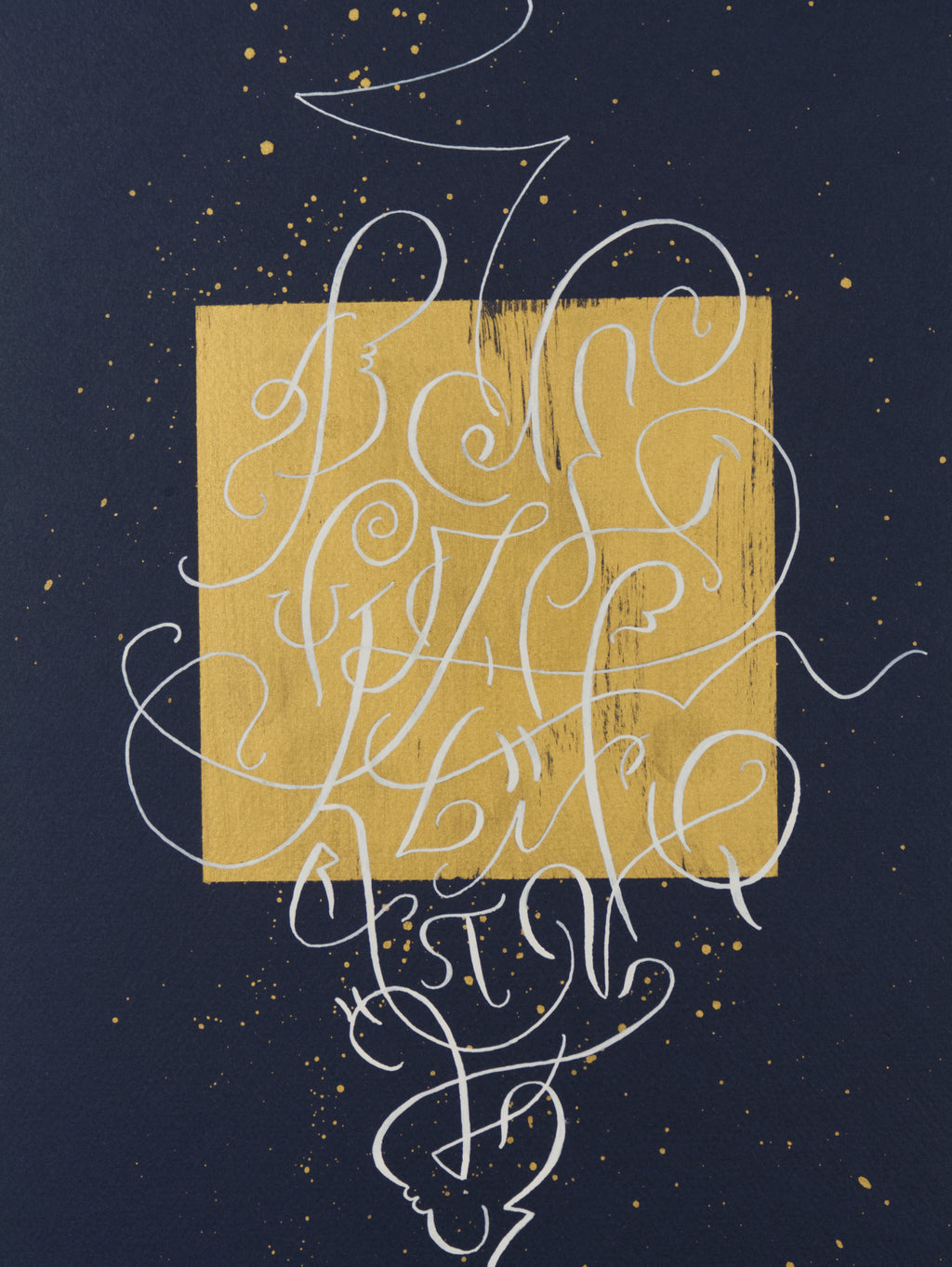 Detail of Alphabet abstract calligraphy artwork in dark blue and gold