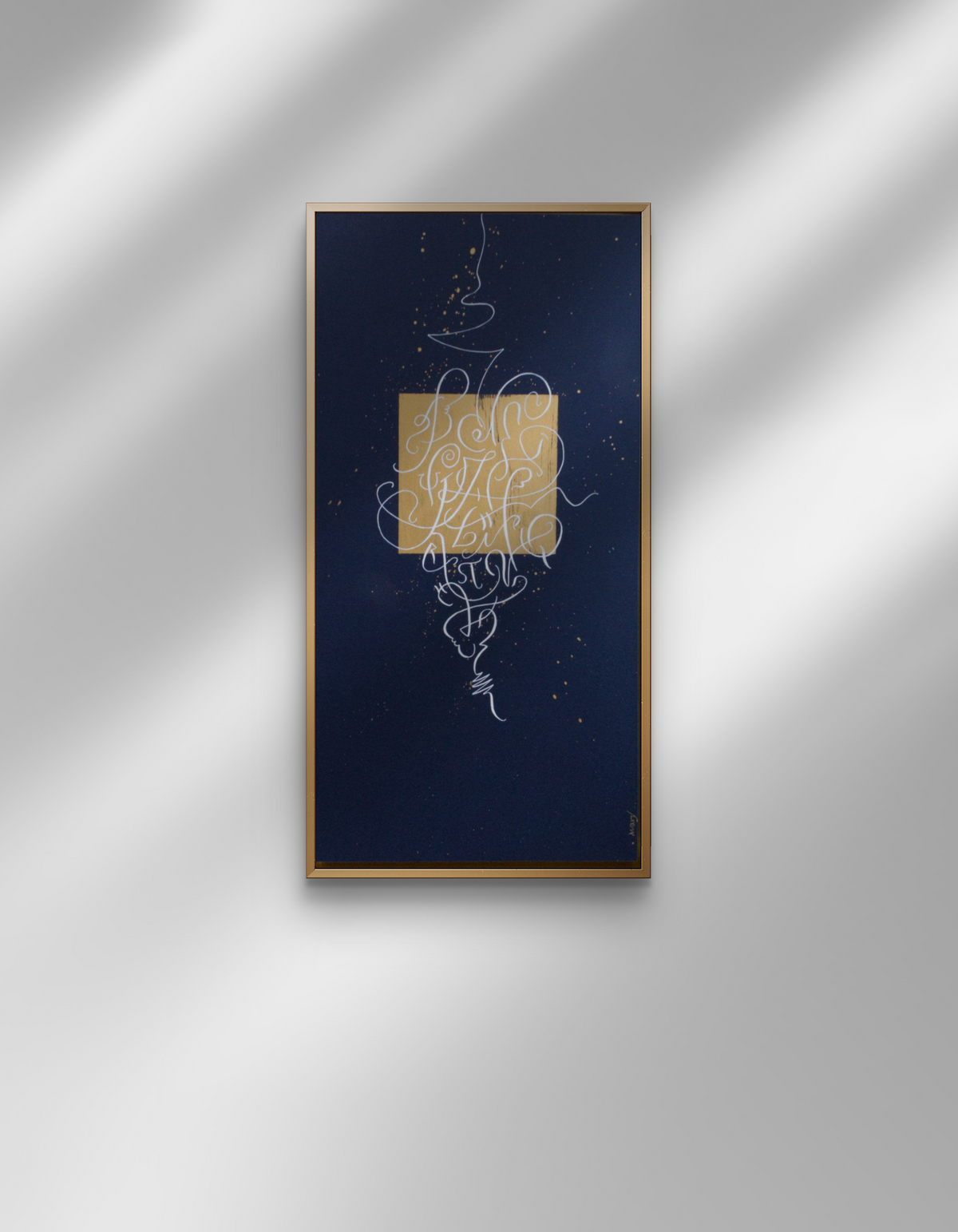 Alphabet original abstract calligraphy artwork in blue and gold by Mary Pavlova in a frame