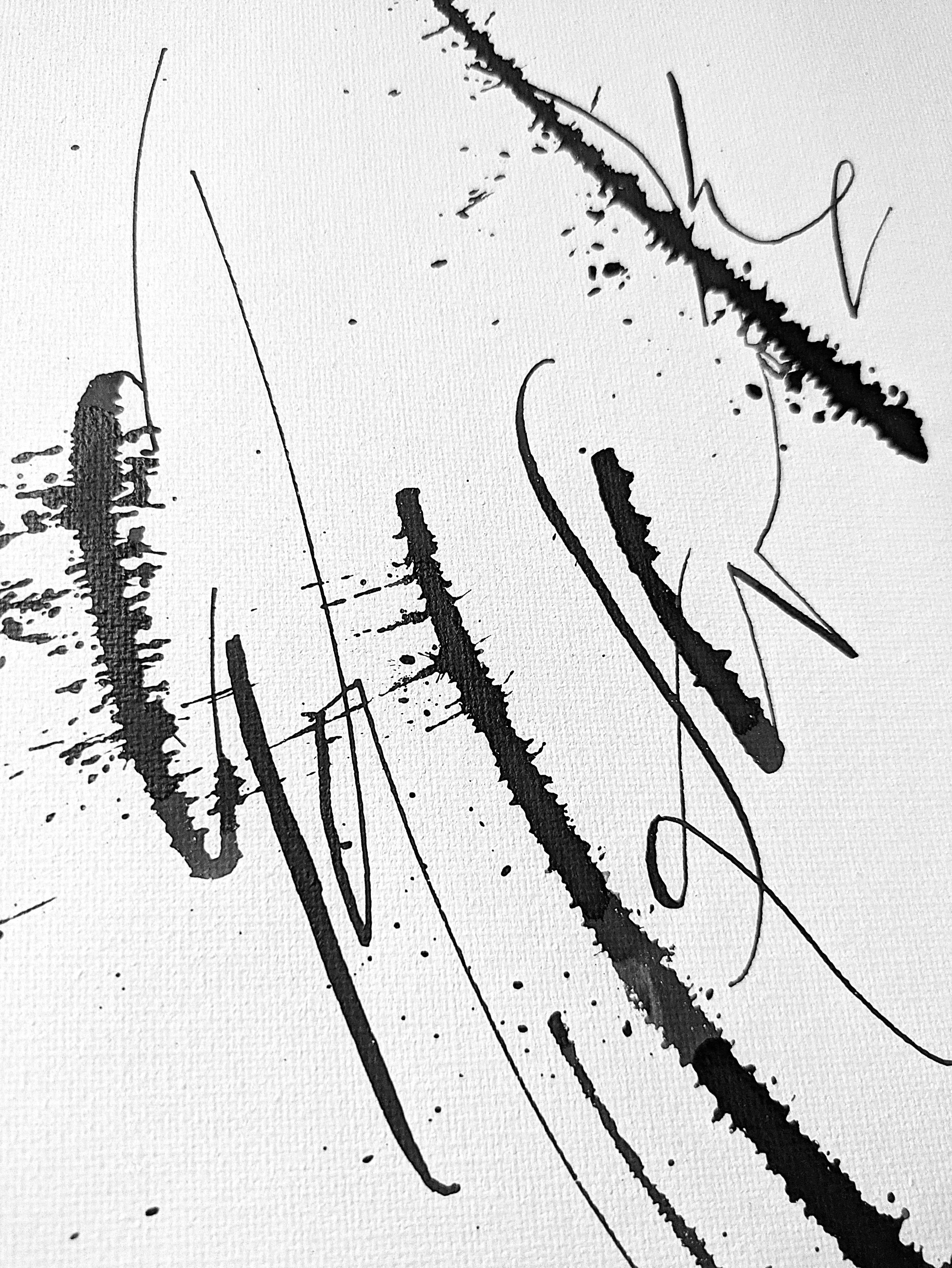 Detail of Claw-astrophe abstract calligraphy artwork in white and black by Mary Pavlova
