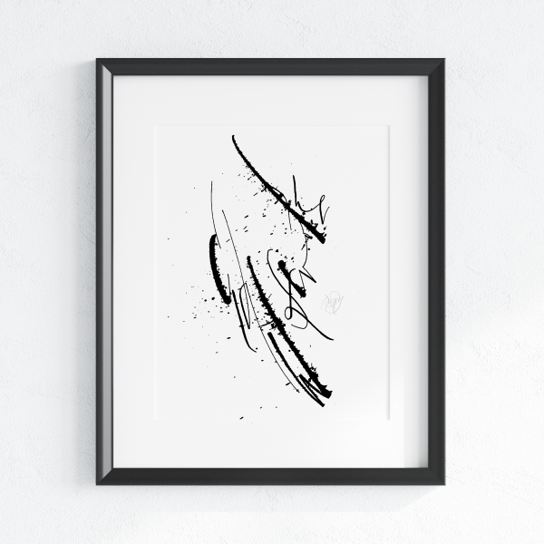 Claw-astrophe original abstract calligraphy artwork in white and black by Mary Pavlova in a frame