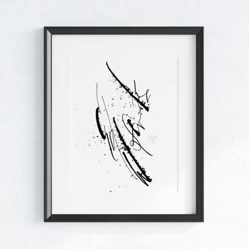 Claw-astrophe original abstract calligraphy artwork in white and black by Mary Pavlova in a frame