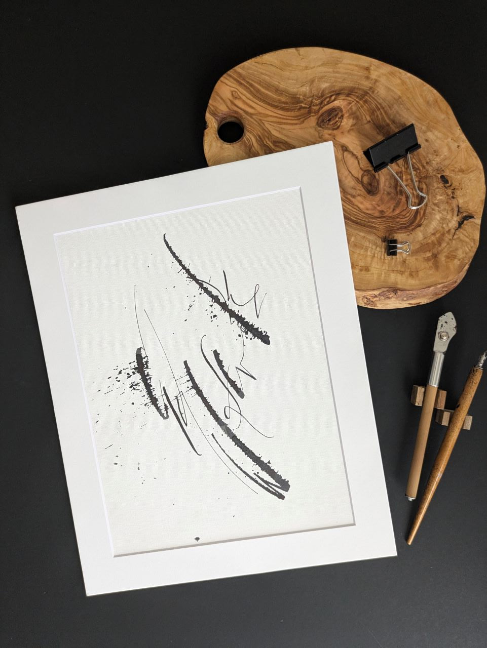 Claw-astrophe original abstract calligraphy artwork by Mary Pavlova in white and black