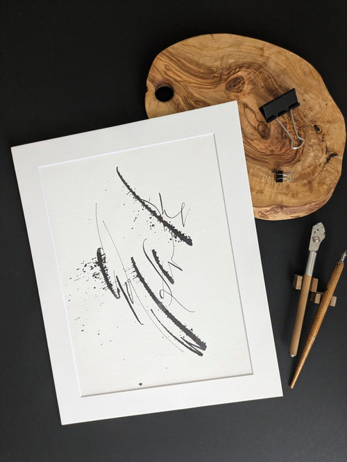 Claw-astrophe original abstract calligraphy artwork by Mary Pavlova in white and black