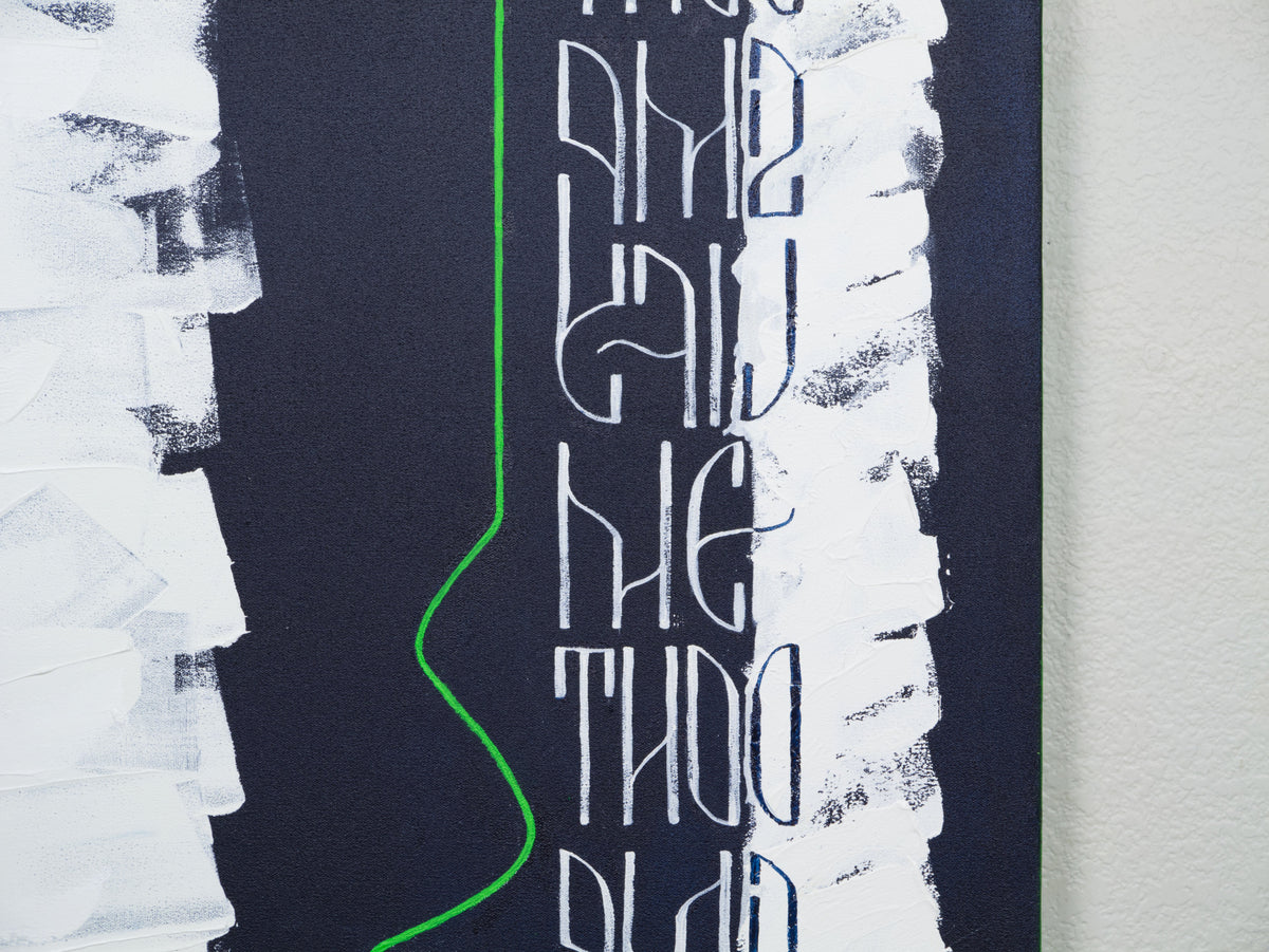 Detail of Don't Simplify Me original text-based artwork in dark blue and white  by Mary Pavlova
