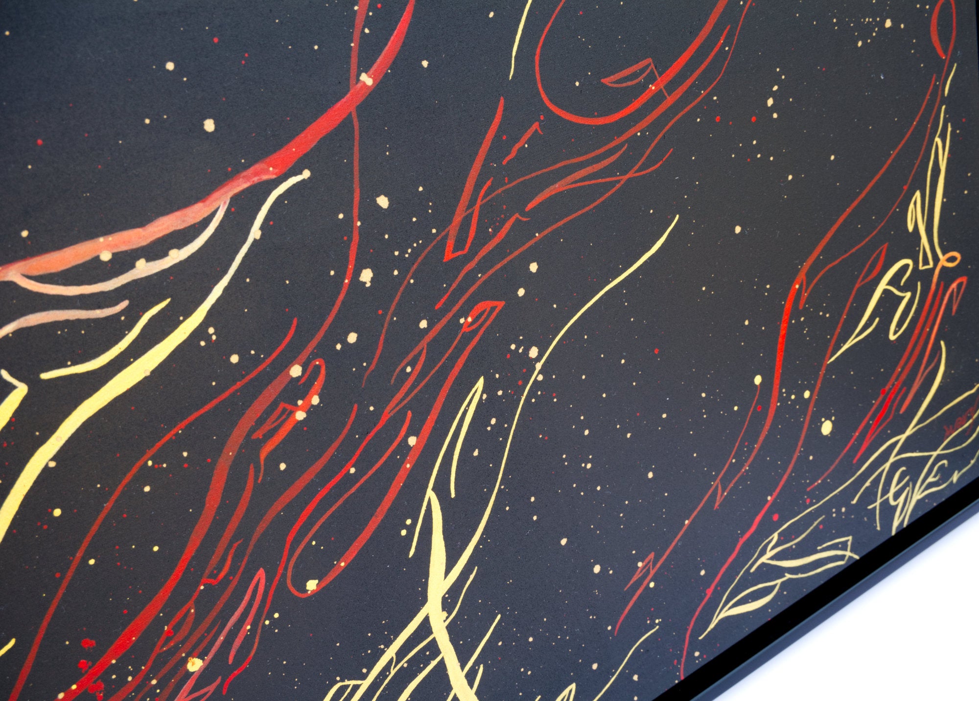 Detail of Flame of Frustration abstract calligraphy artwork in black, gold, and red by Mary Pavlova