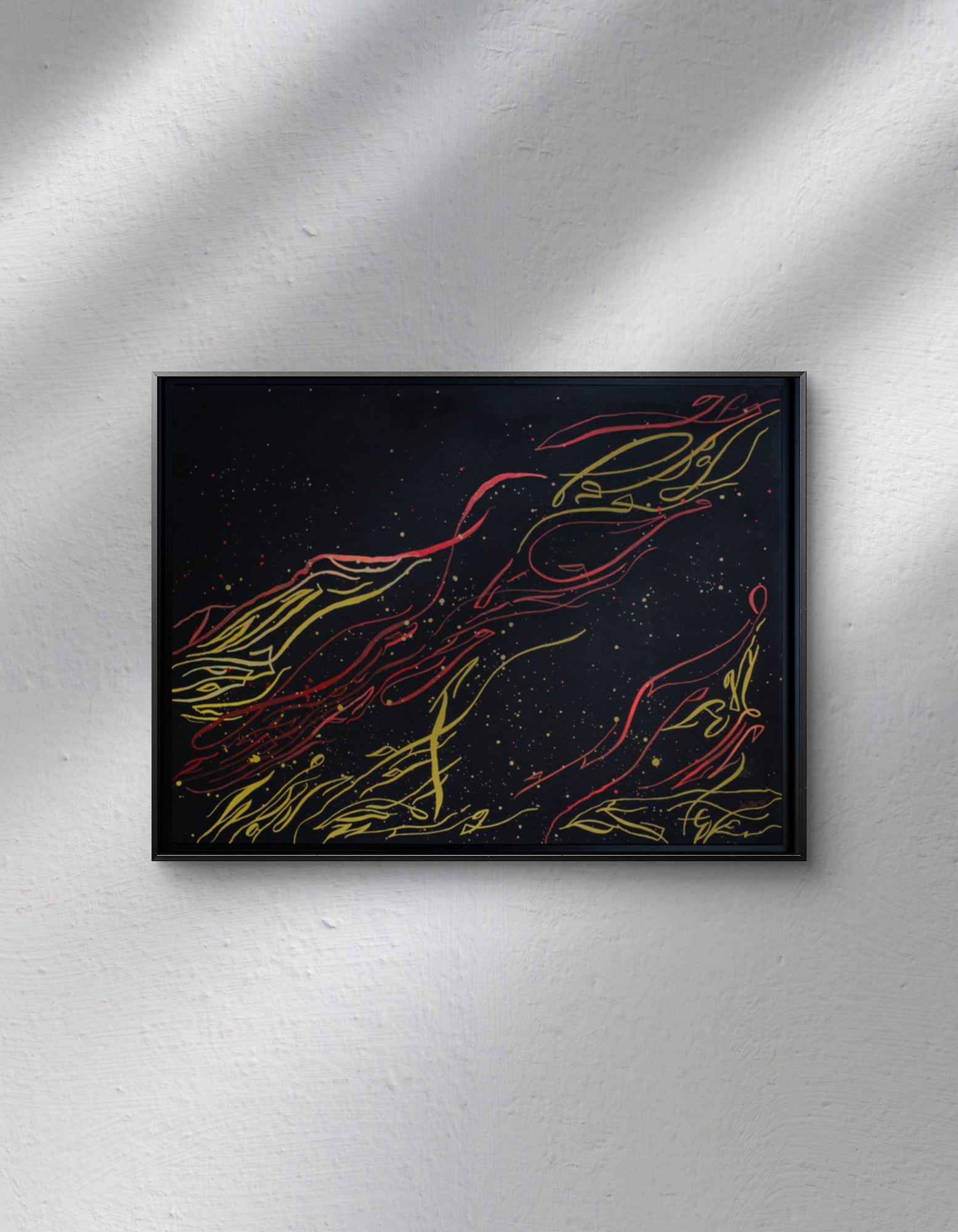 Flame of Frustration original abstract calligraphy artwork in black, red, and gold by Mary Pavlova in a frame
