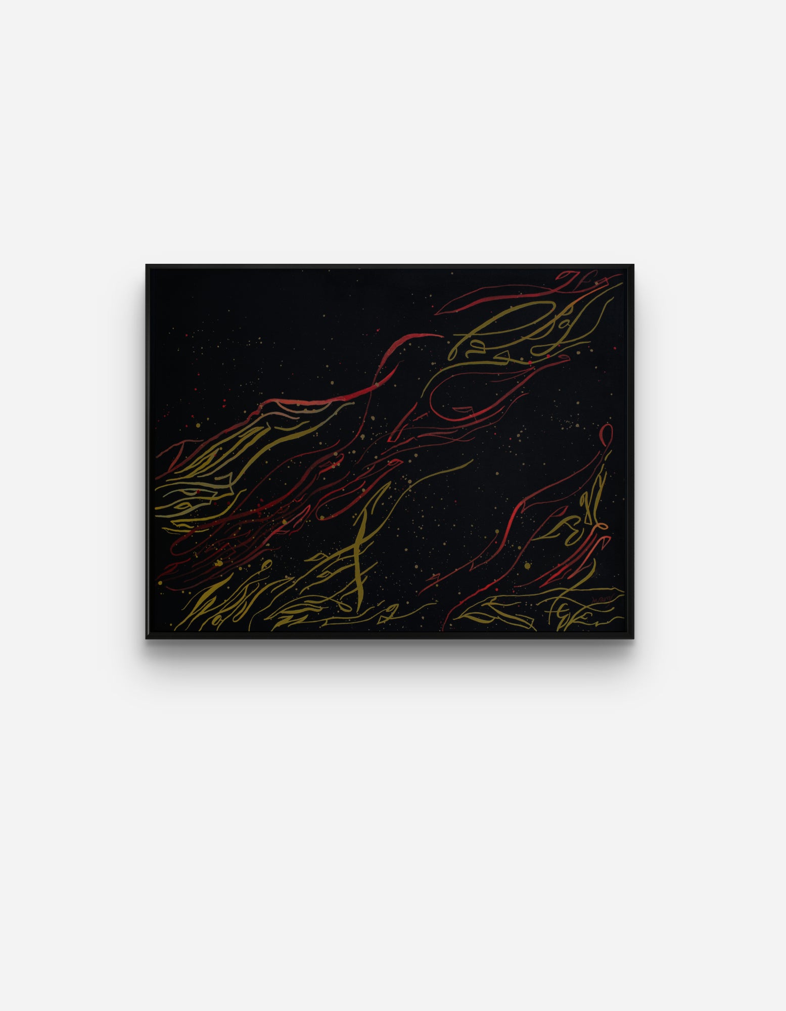 Flame of Frustration original abstract calligraphy artwork in black, red, and gold by Mary Pavlova