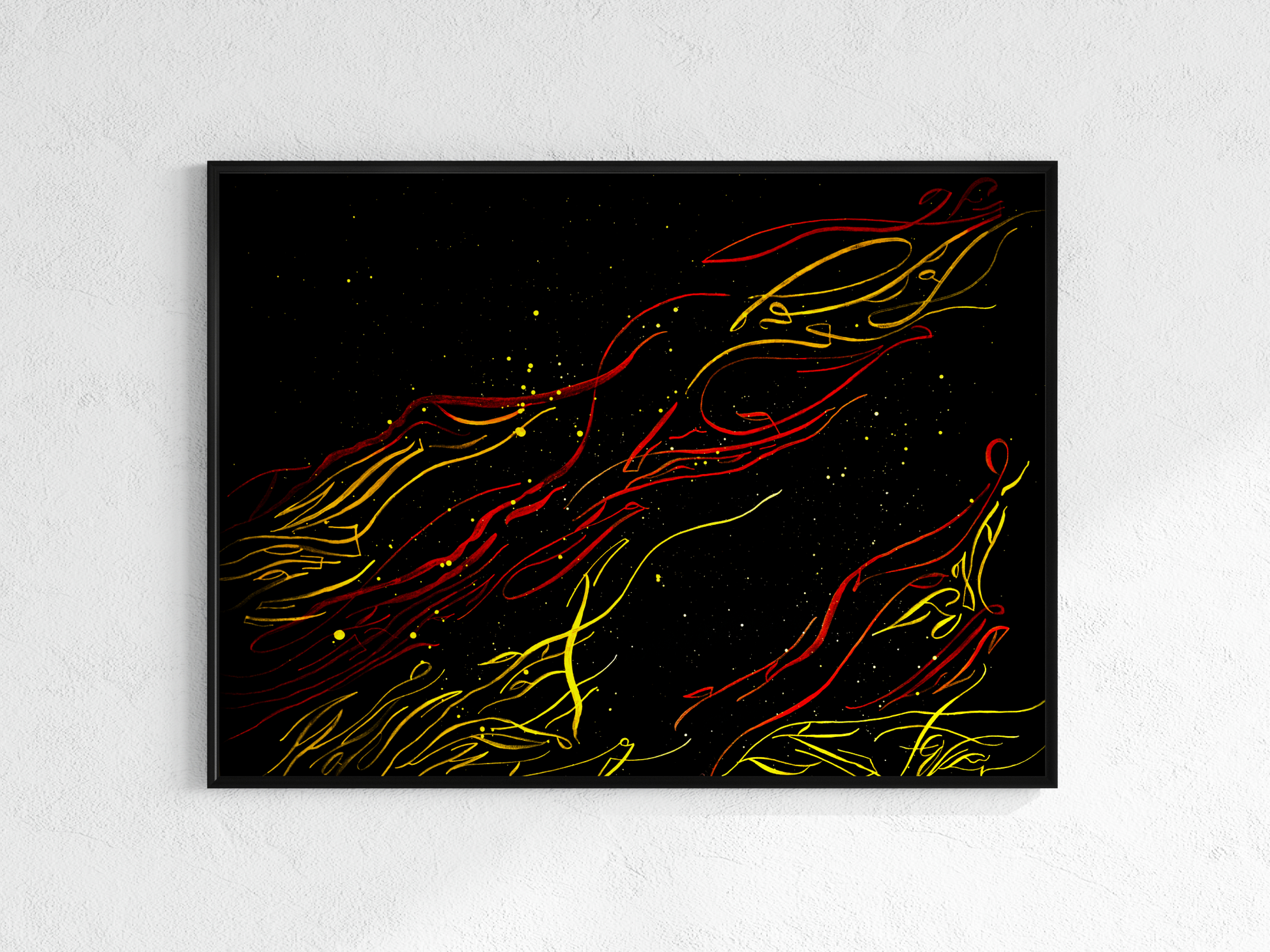 Abstract artwork with red and yellow lines on a black background