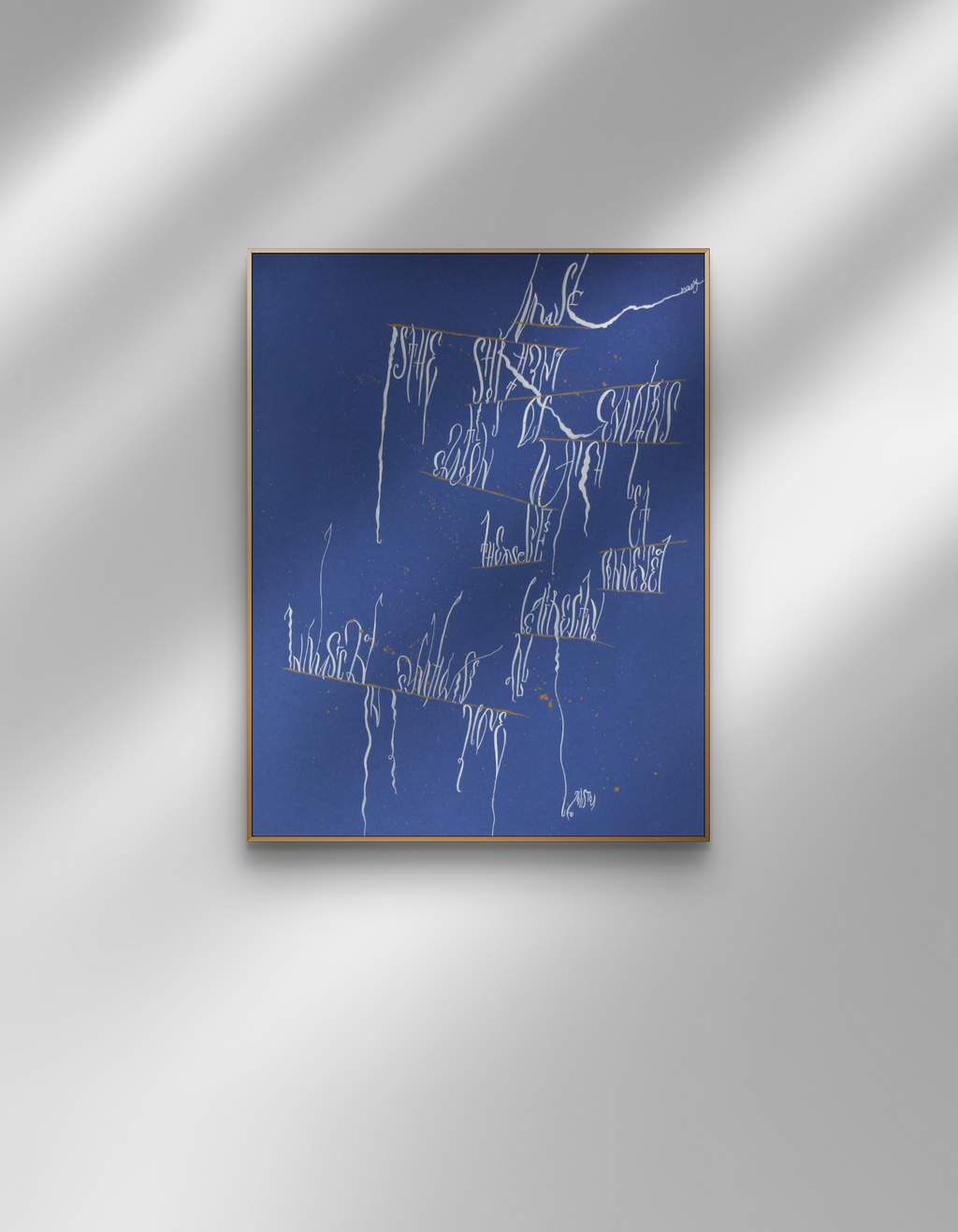 Flow of Music original abstract calligraphy artwork in white and blue by Mary Pavlova in a frame