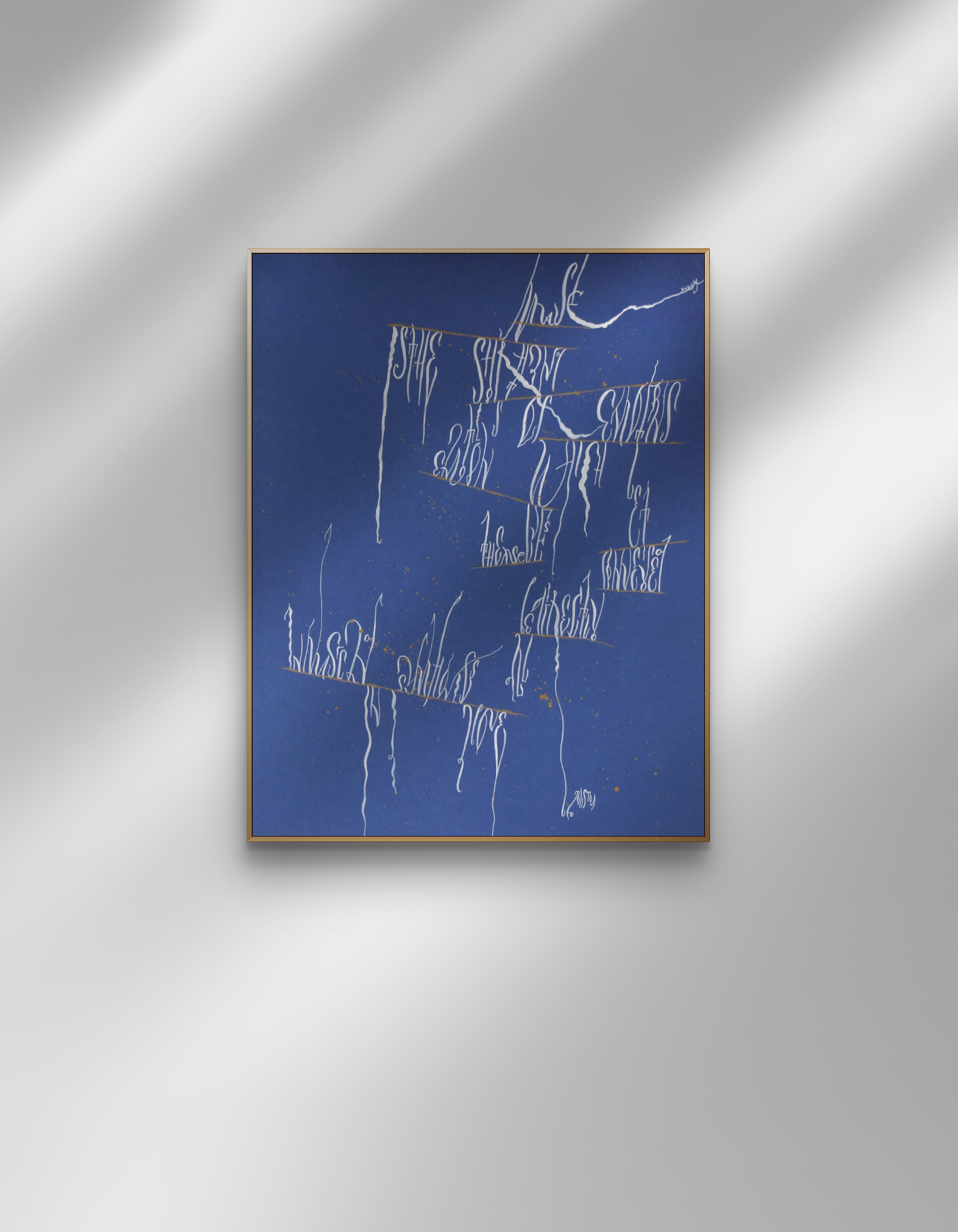 Flow of Music original abstract calligraphy artwork in white and blue by Mary Pavlova in a frame