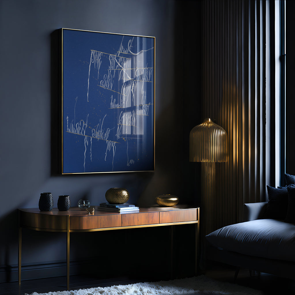Flow of music original calligraphy wall art by Mary Pavlova displayed in a dark interior