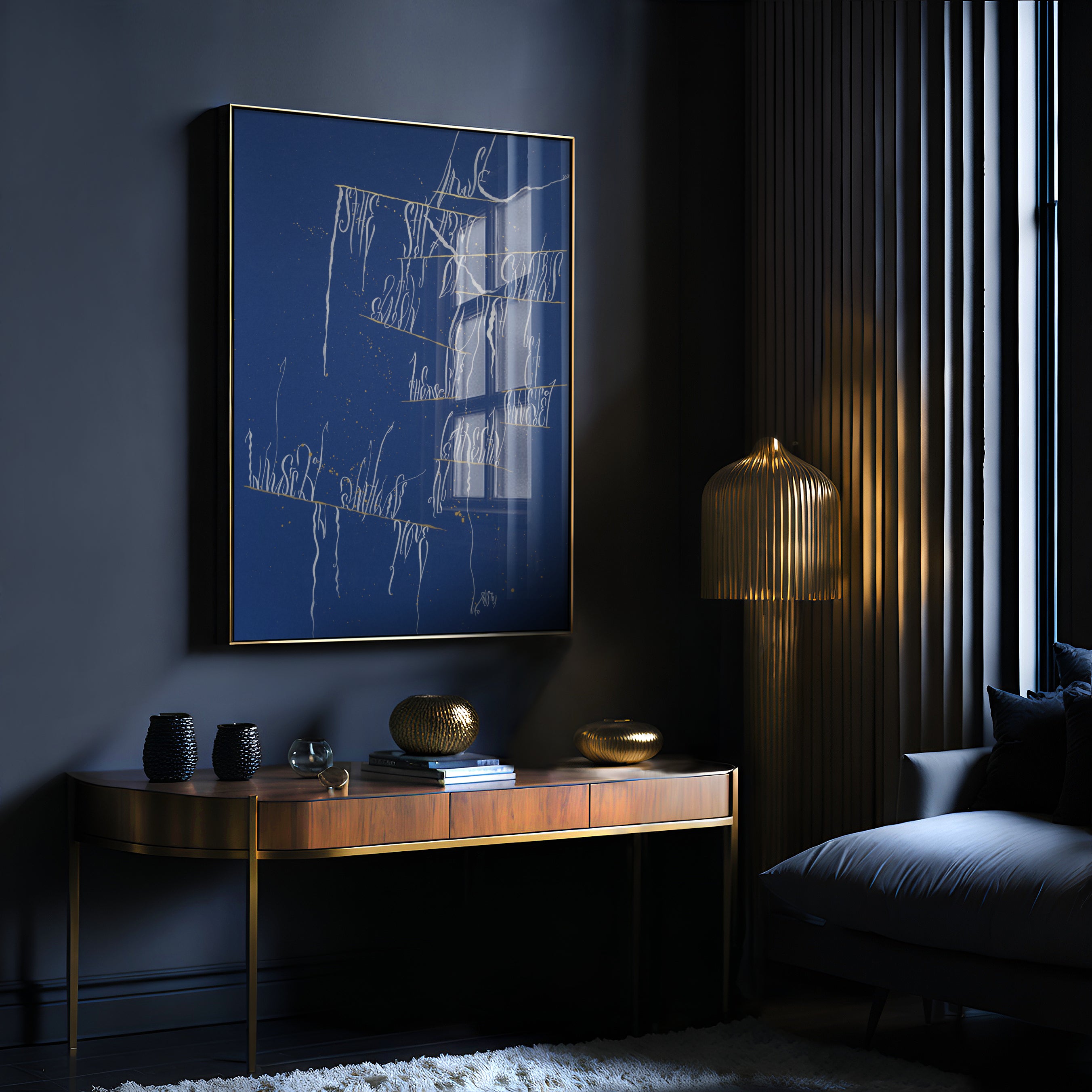 Flow of music original calligraphy wall art by Mary Pavlova displayed in a dark interior