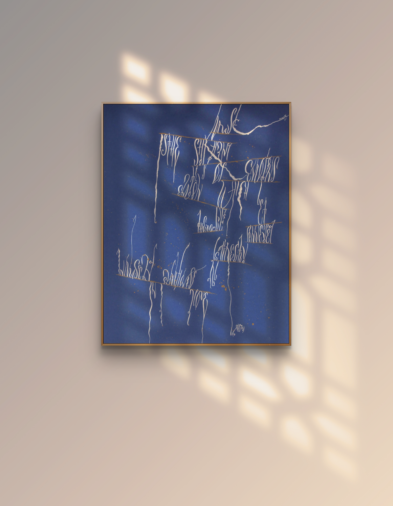 Flow of Music original abstract calligraphy artwork in blue and whitby Mary Pavlova on the wall in a warm light 