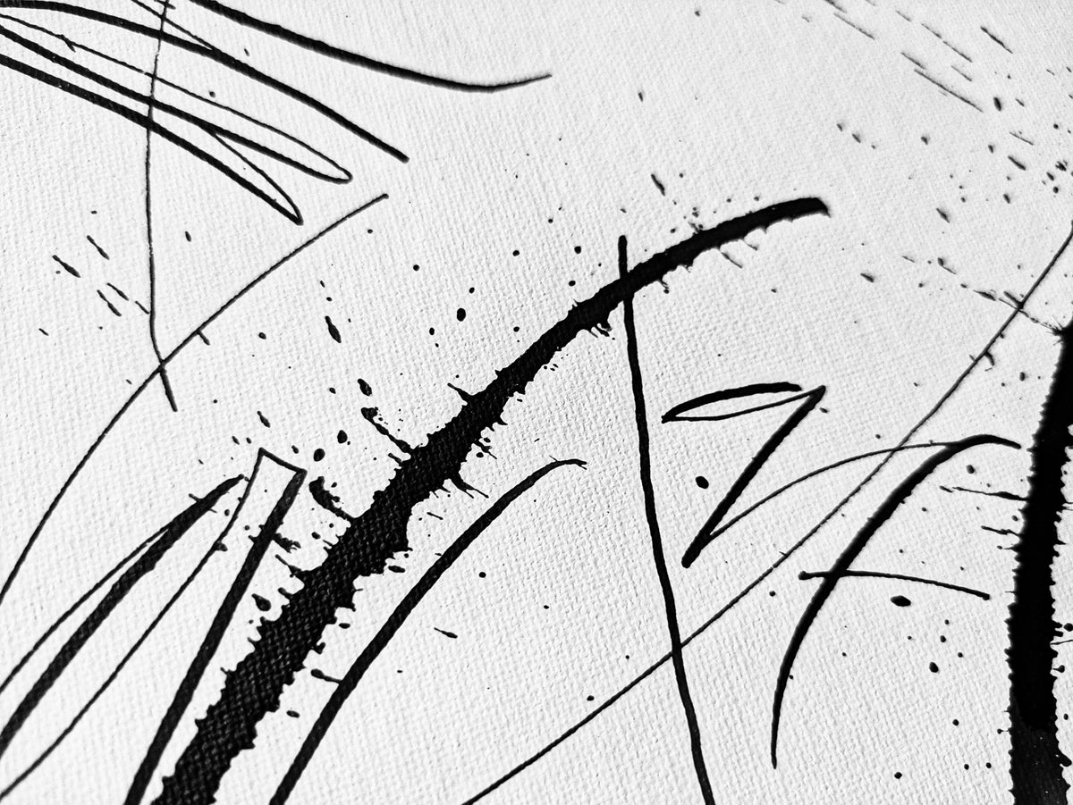 Detail of For Love abstract calligraphy artwork in white and black by Mary Pavlova