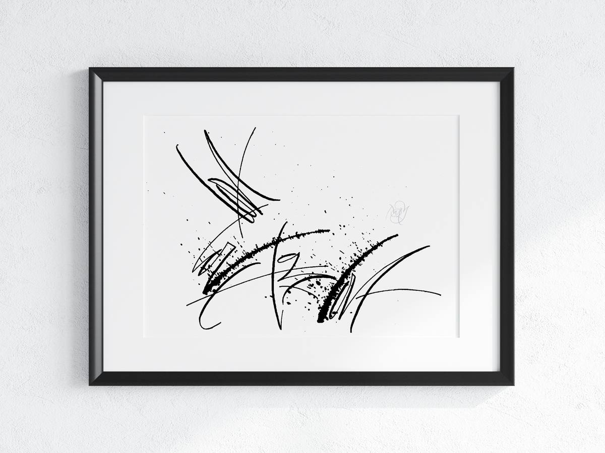 For Love original abstract calligraphy artwork in white and black by Mary Pavlova in a frame