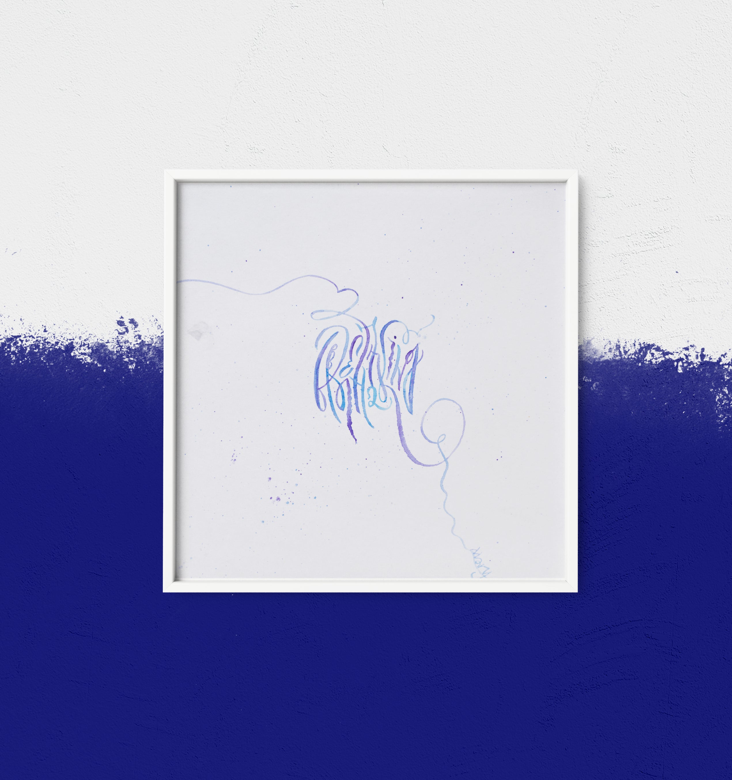 Framed abstract calligraphy artwork Breathtaking with abstract design on a blue and white background