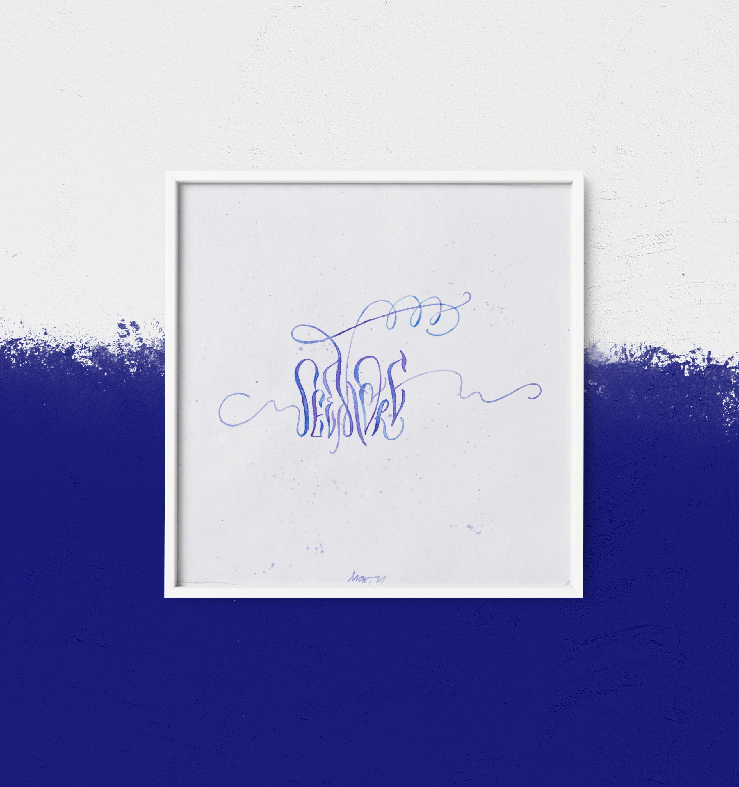 Framed abstract calligraphy artwork See More with blue text on a white background, placed against a blue and white gradient wall.