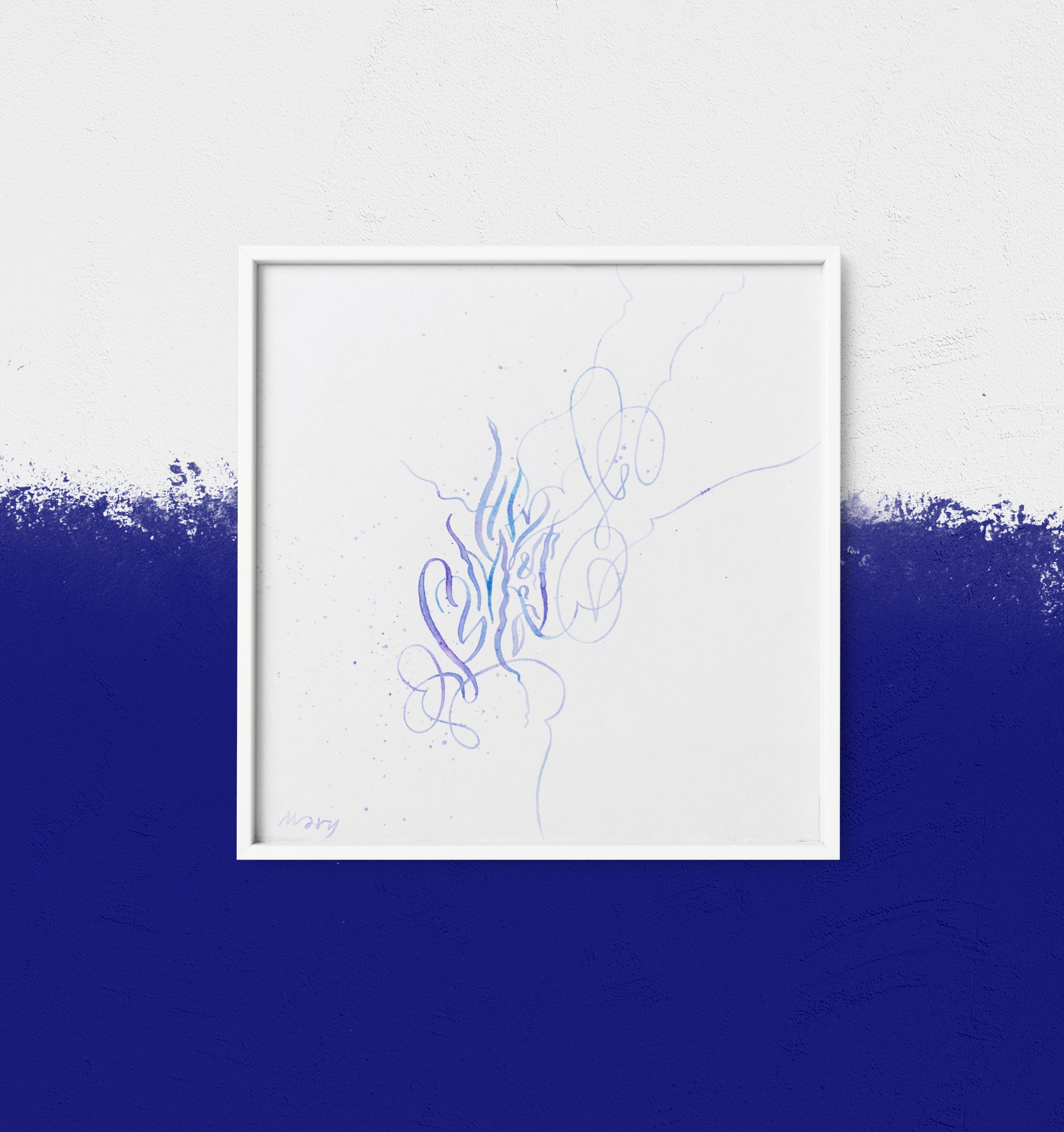 Framed artwork with blue abstract design on a white background