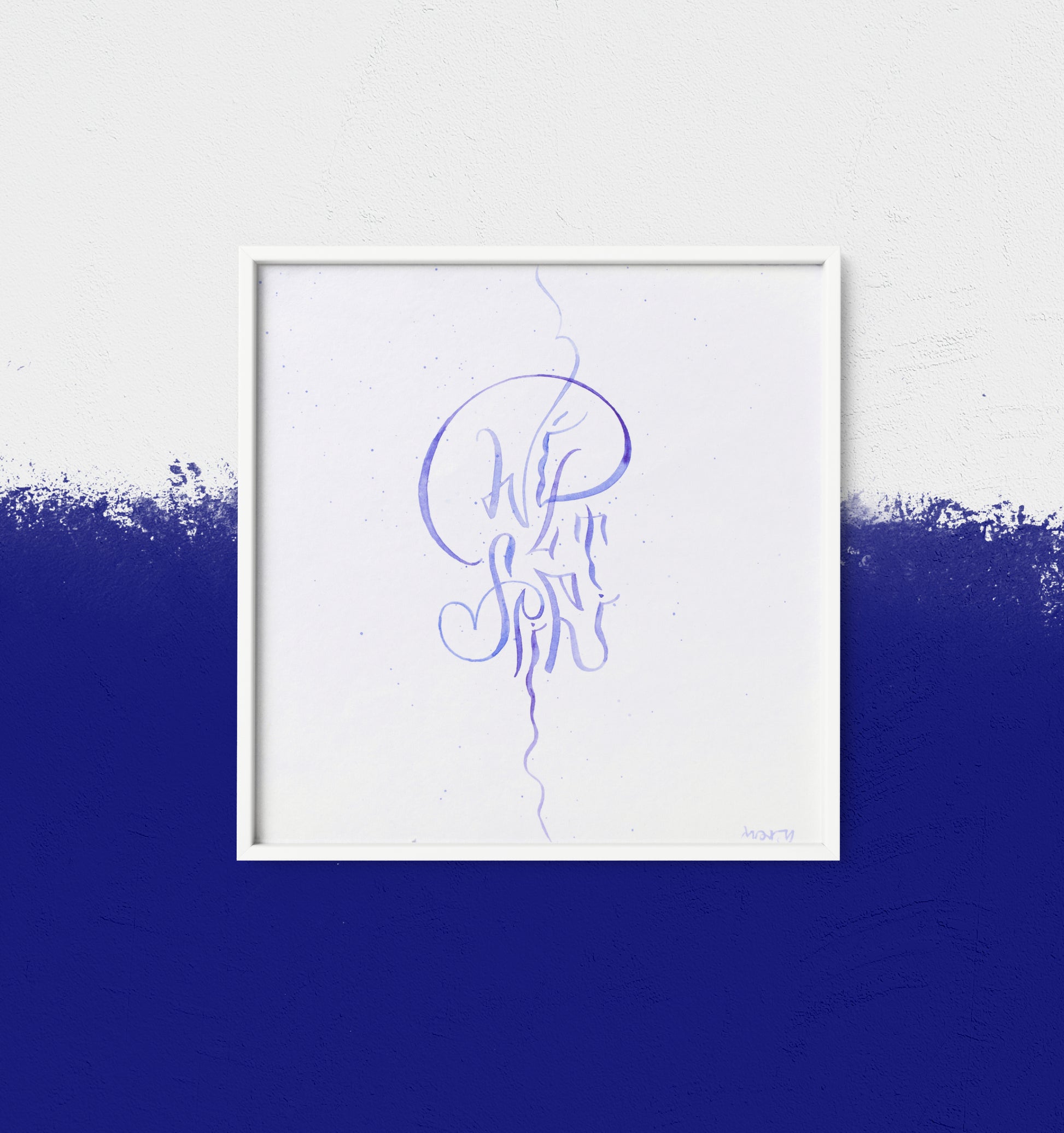 Framed abstract calligraphy artwork Wild Spirit with blue abstract design on a white background
