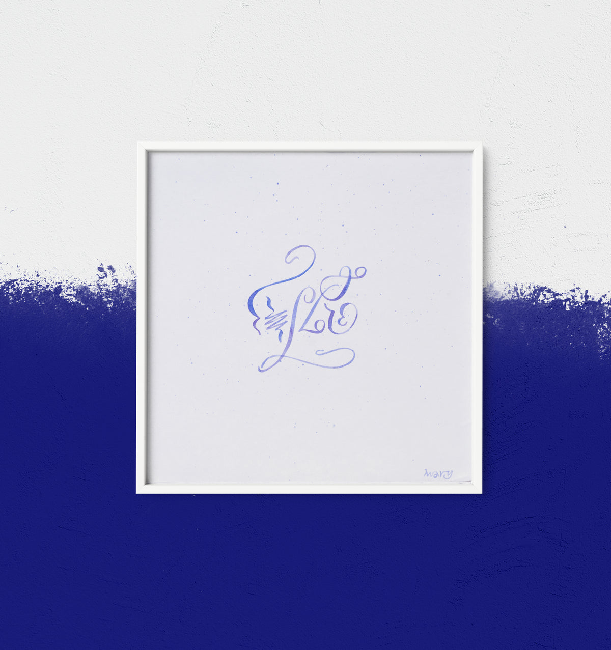 Go explore original abstract calligraphy artwork by Mary Pavlova in white and blue