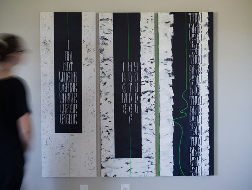 Identity: The Failure of Reading original text-based wall art  in dark blue and white by Mary Pavlova, displayed in an interior
