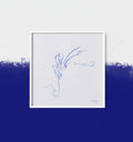Imagination original abstract calligraphy artwork by Mary Pavlova in white and blue