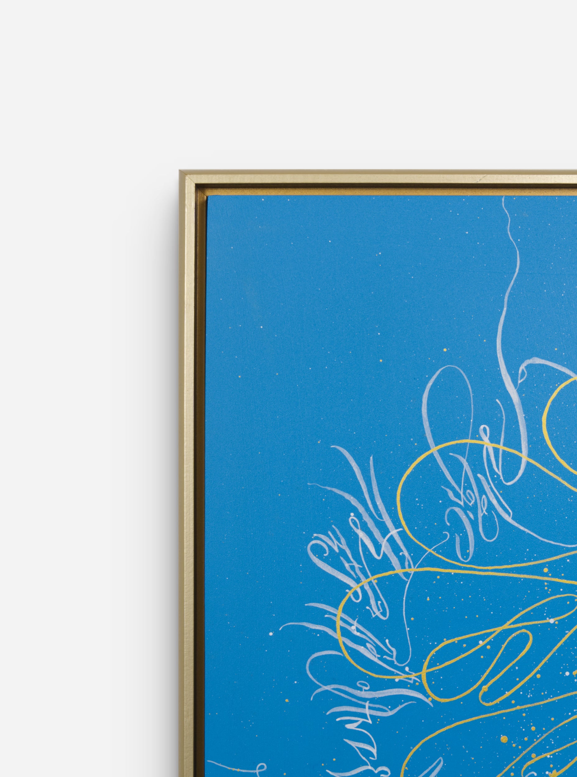 Improvisation I original abstract calligraphy artwork in white and blue by Mary Pavlova in the frame