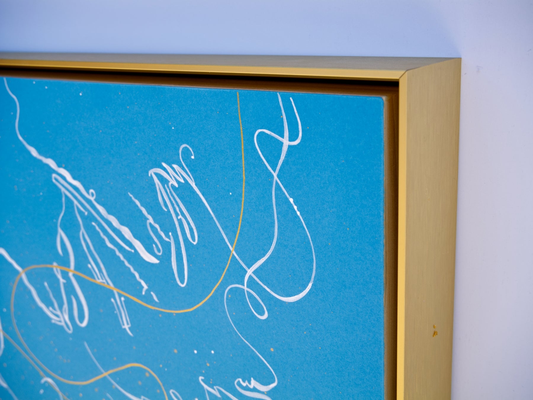 Framed artwork Improvisation I with abstract white lines on a blue background