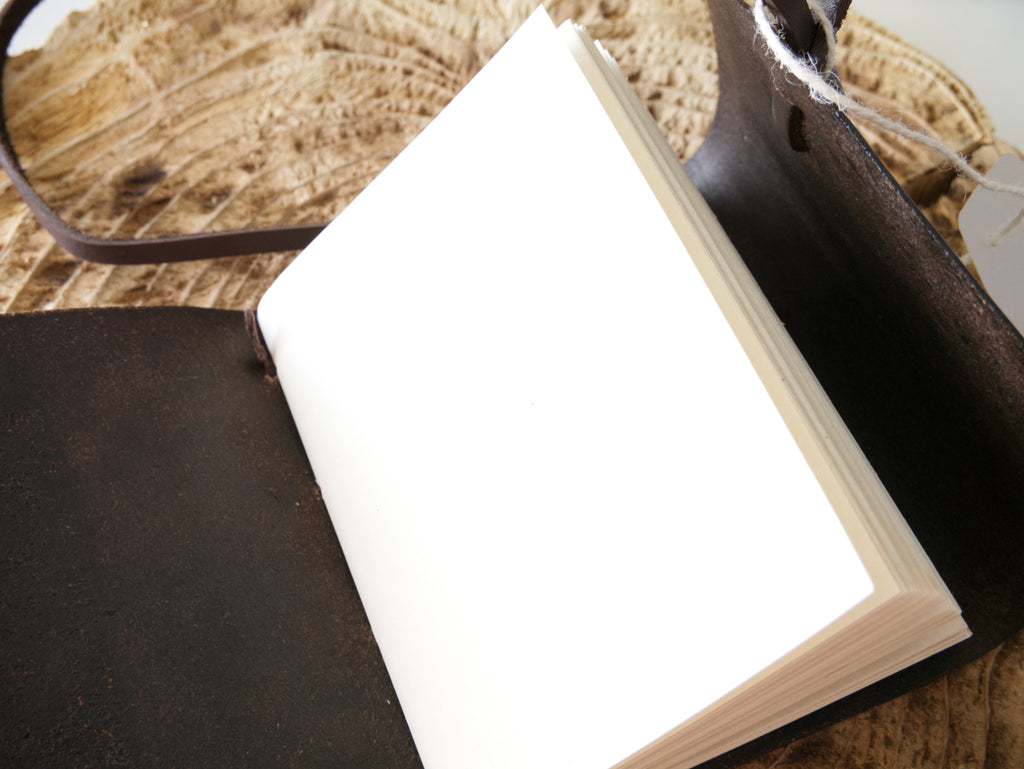 Close-up of a black leather-bound notebook with a white page on a textured surface.