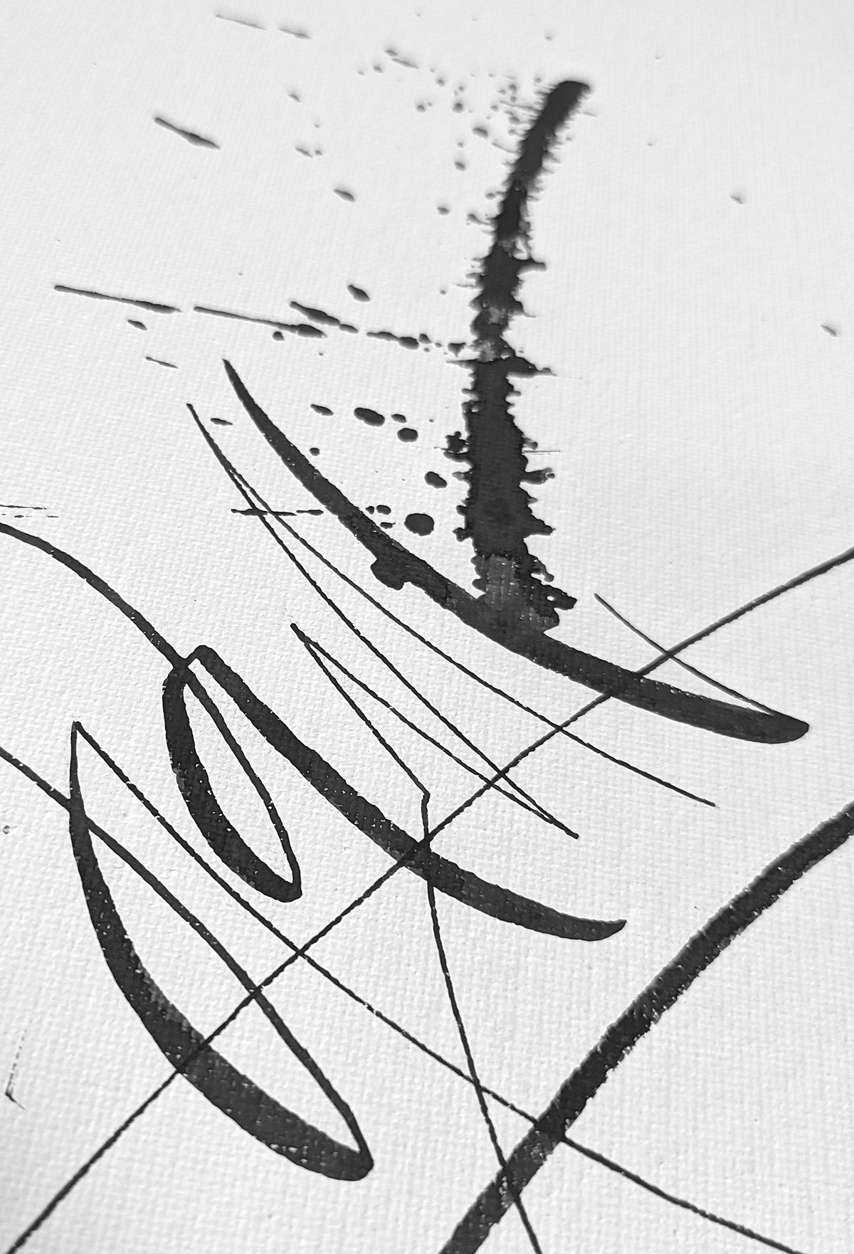 Detail of Life is a Game Play It abstract calligraphy artwork in white and black by Mary Pavlova