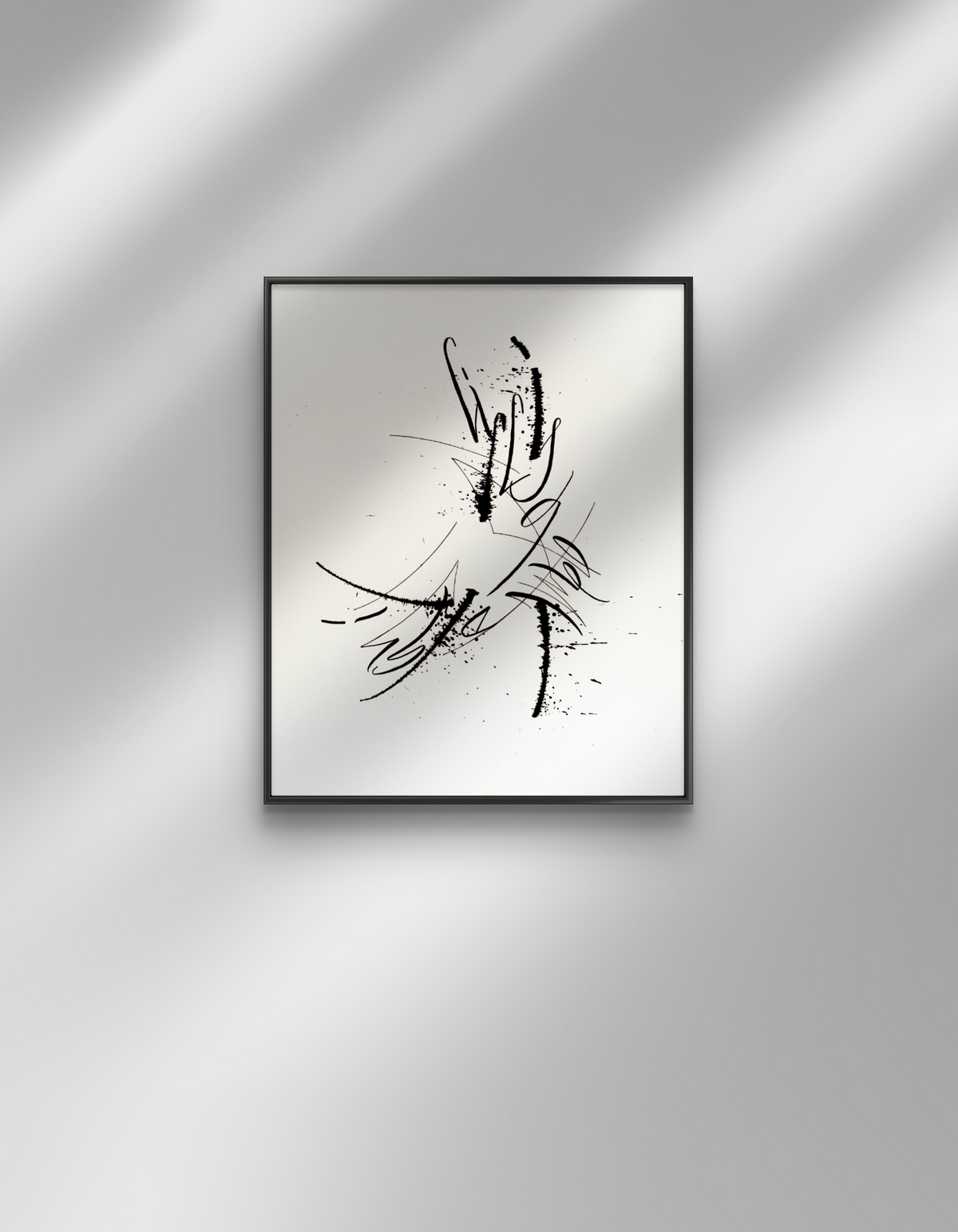 Lie is a Game Play It original abstract calligraphy artwork in white and black by Mary Pavlova in a frame