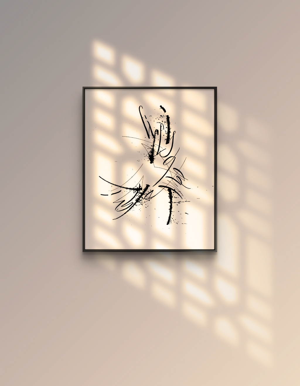 Life is a Game Play It original abstract calligraphy artwork in white and black by Mary Pavlova on the wall in a warm light