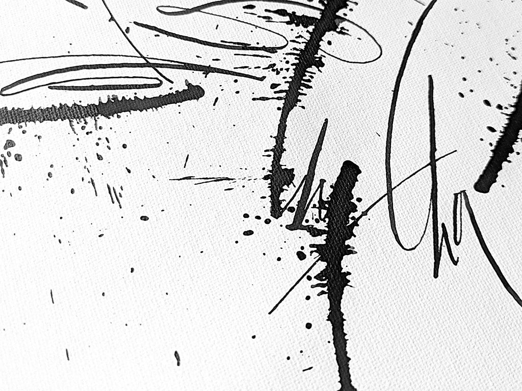 Detail of Love Is In The Chair abstract calligraphy artwork in white and black by Mary Pavlova