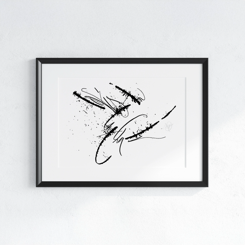 Love Is In The Chair original abstract calligraphy artwork in white and black by Mary Pavlova in a frame