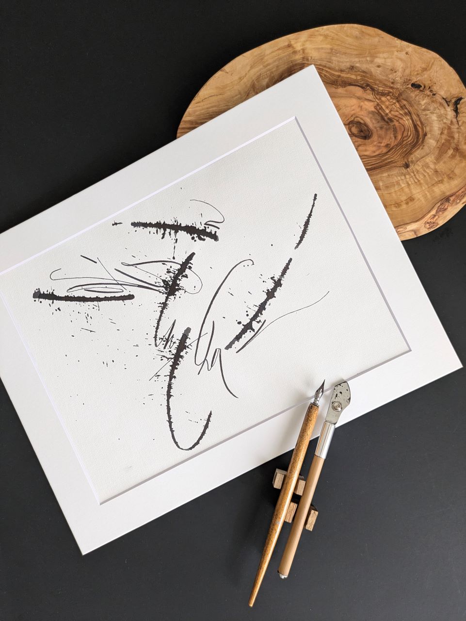 Love is in The Chair original abstract calligraphy artwork by Mary Pavlova in white and black