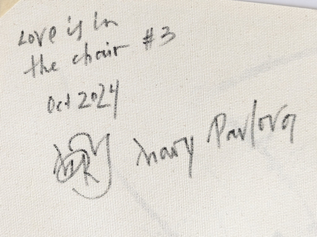 Signature and date on the reverse of Love is in the Chair artwork by Mary Pavlova