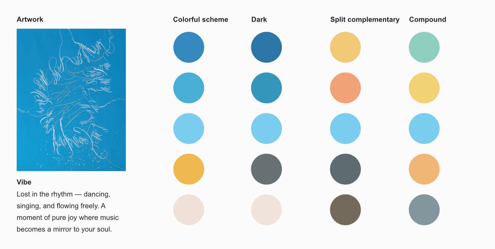 Color scheme chart for artwork Improvisation I and color swatches labeled 'Artwork', 'Colorful scheme', 'Dark', 'Split complementary', and 'Compound'.