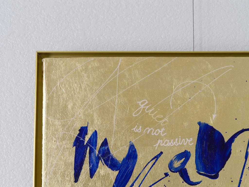Top close up of My quiet black Zen Fox original text-based artwork in blue and gold by Mary Pavlova