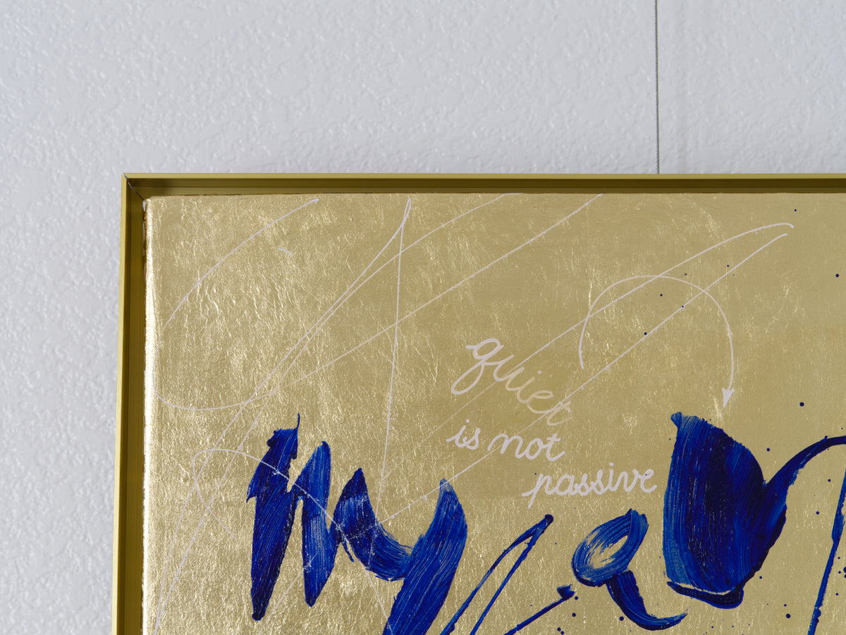 Top close up of My quiet black Zen Fox original text-based artwork in blue and gold by Mary Pavlova