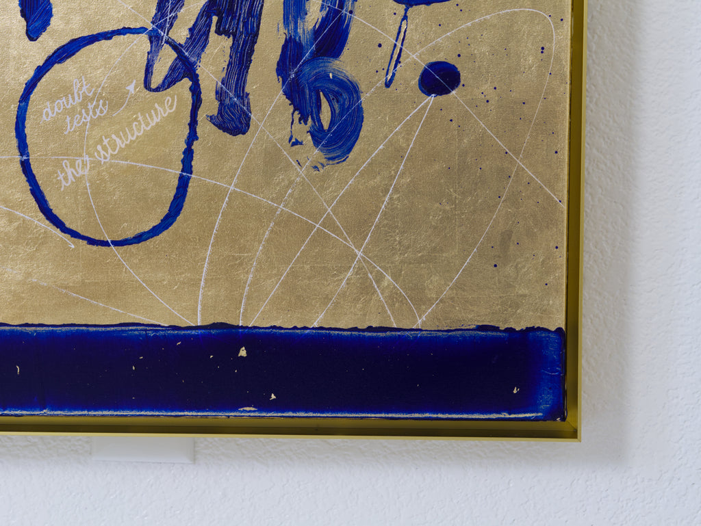 Bottom close up of My Quiet Black Zen Fox original text-based artwork in blue and gold by Mary Pavlova