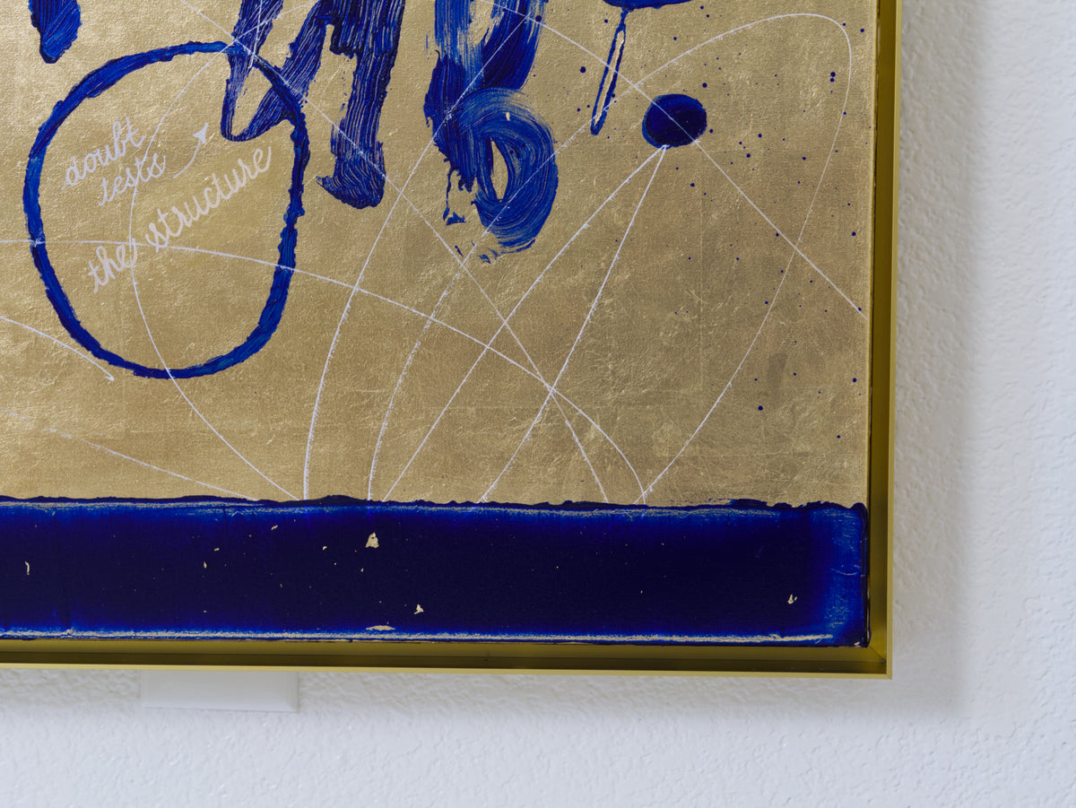 Bottom close up of My Quiet Black Zen Fox original text-based artwork in blue and gold by Mary Pavlova