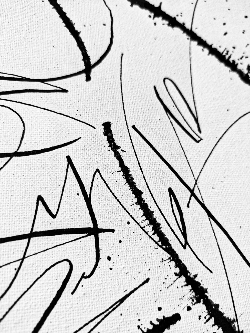 Detail of No Time for Fancy abstract calligraphy artwork in white and black by Mary Pavlova