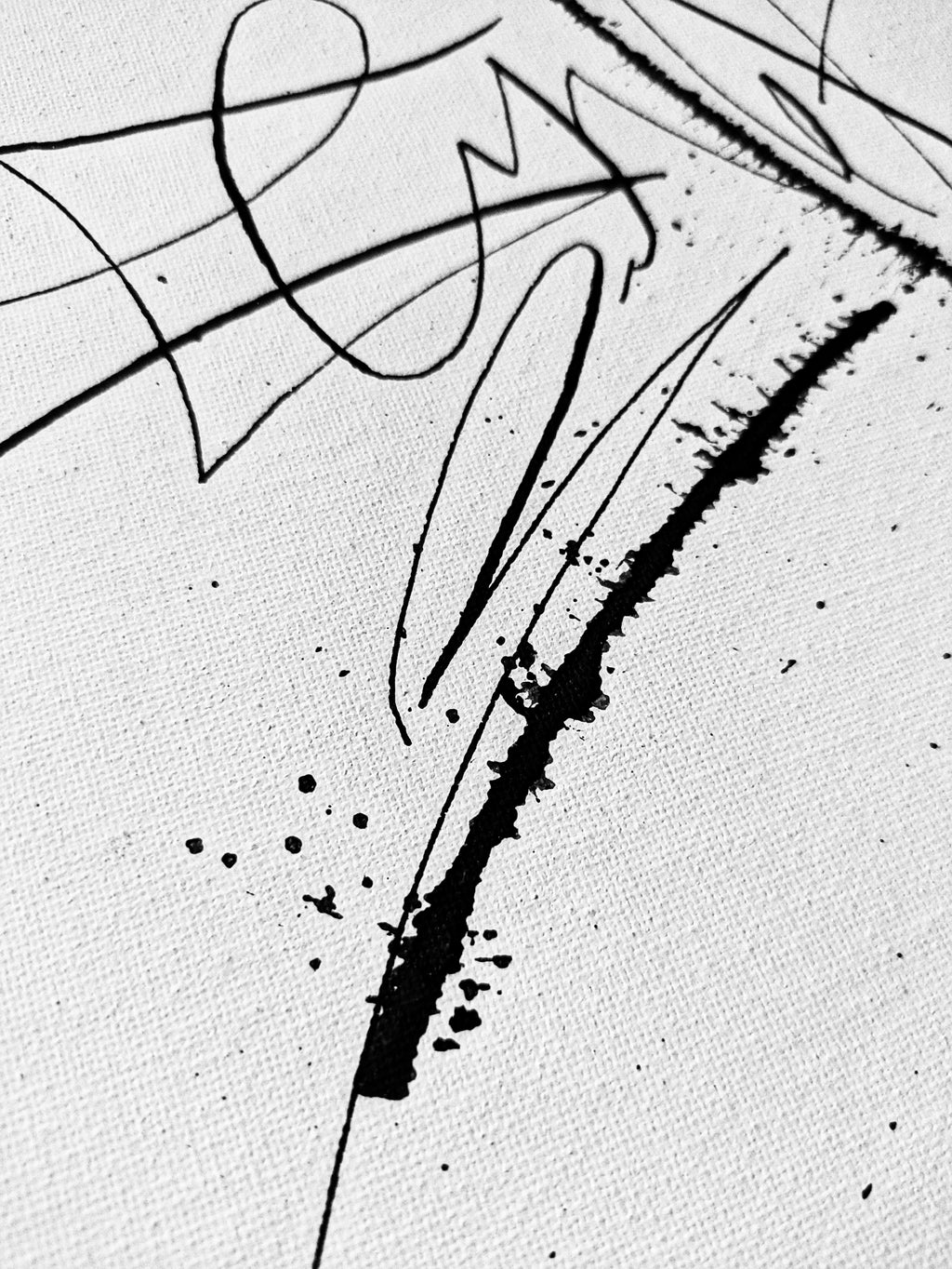 Detail of No Time for Fancy abstract calligraphy artwork in white and black by Mary Pavlova