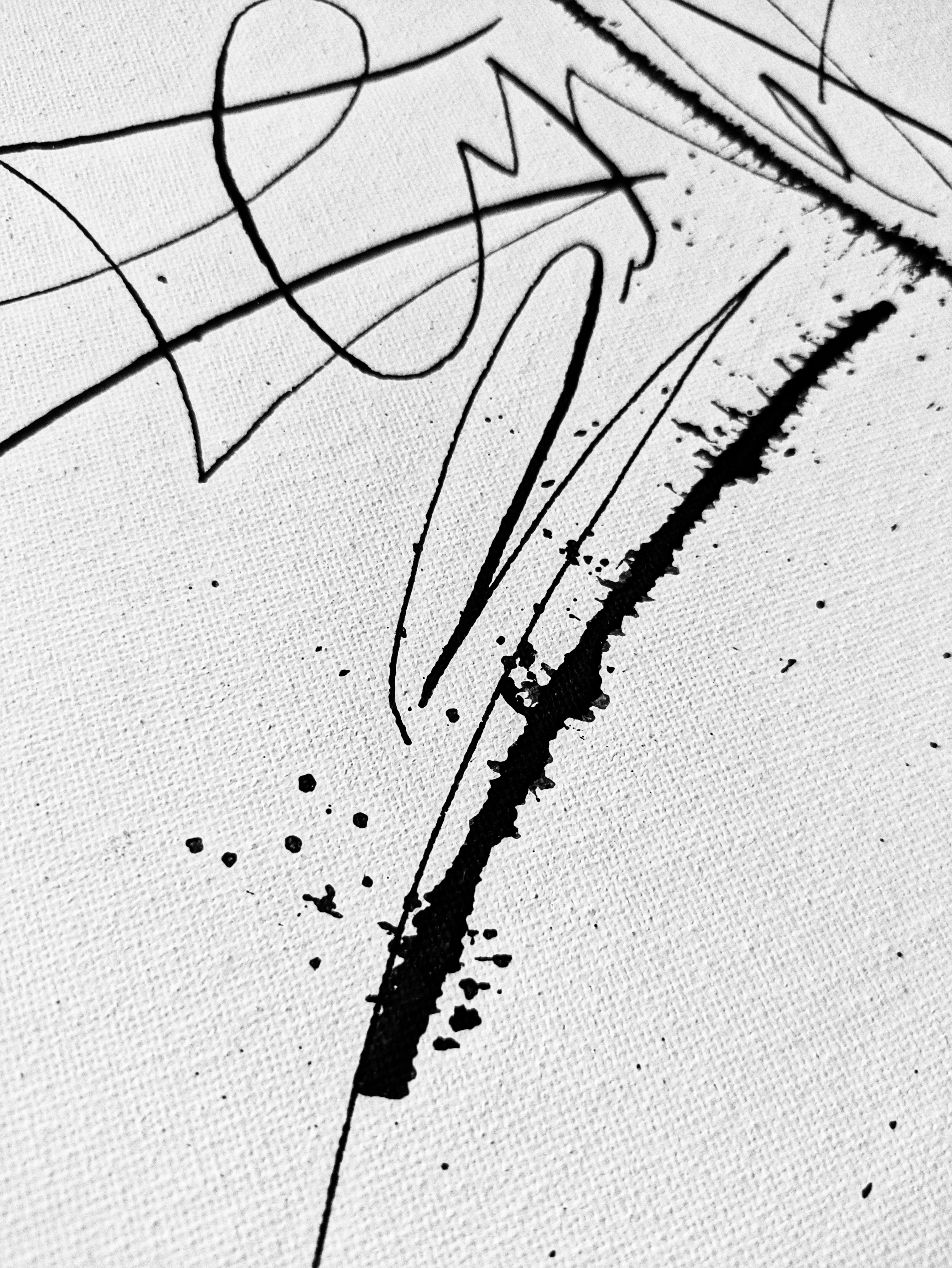 Detail of No Time for Fancy abstract calligraphy artwork in white and black by Mary Pavlova