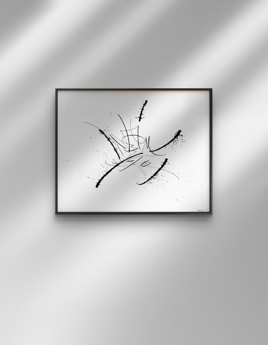 No Time for Fancy original abstract calligraphy artwork in white and black by Mary Pavlova in a frame